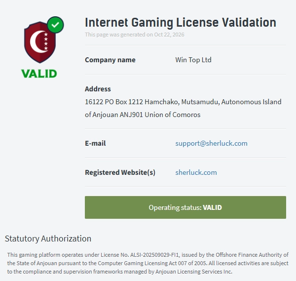 SherLuck Casino Anjouan gaming licence validation showing Win Top Ltd. and licence number ALSI-202509029-FI1